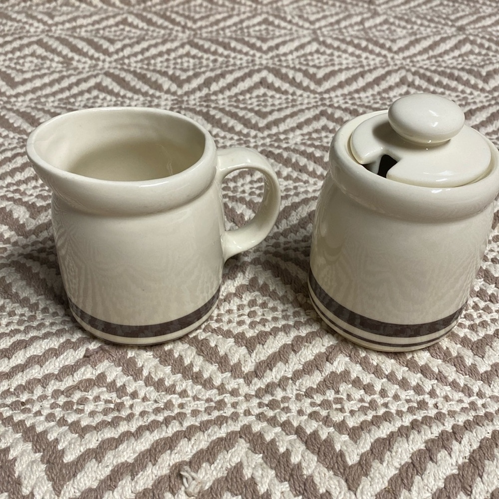 Vintage McCoy pottery cream brown stripes creamer & lidded sugar set